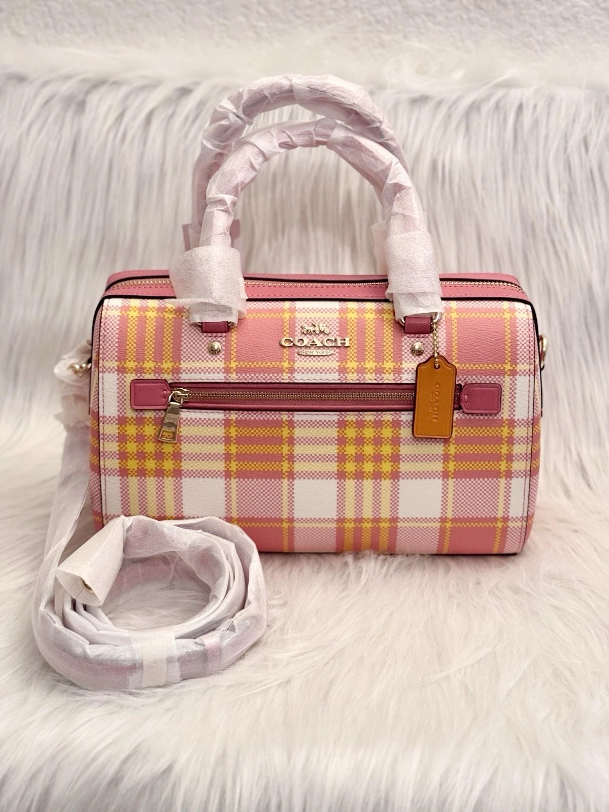 NWT COACH Rowan Satchel Bag With Garden Plaid Print C8593 Taffy MultiI - Image 1